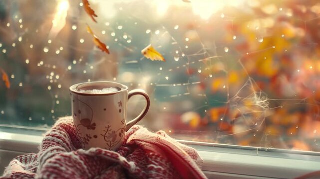 A warm cup of coffee or tea by the window, capturing the cozy essence of Hygge living. The scene embodies the comfort of a hot drink during chilly autumn weather, perfect for a Halloween atmosphere.