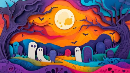 Whimsical Halloween night scene with colorful ghosts, gravestones, full moon, and bats flying in a vibrant, spooky graveyard setting.