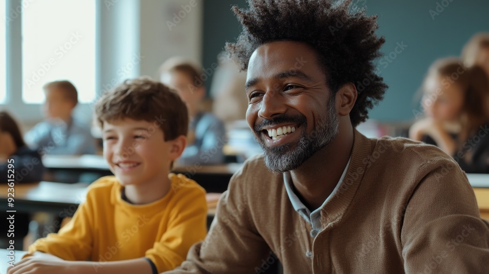 Poster a smiling teacher interacts with a young student, fostering excitement and curiosity in a bright cla