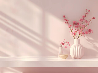 Pink vase with a bouquet of flowers on a table, perfect for a wedding or spring decoration