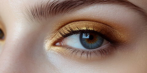 Obraz premium Close up of eye with makeup. Minimalist Makeup Palette in Rich Brown, Golden Yellow, and Warm Beige for Eyeshadow and Cosmetics