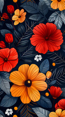 Obraz premium Seamless pattern with flowers, leaves, and abstract colors for a vintage wallpaper or nature-inspired design.