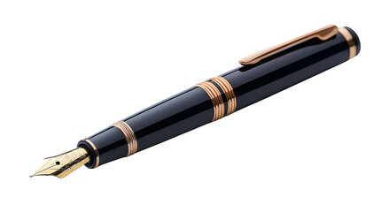 Stylish black fountain black pen isolated on cut out PNG or transparent background. Fountain pen is that can hold ink in cartridge. Realistic equipment stationery template pattern.