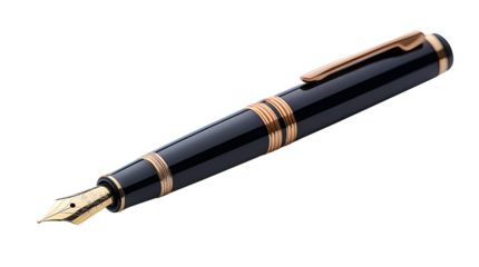 Stylish black fountain black pen isolated on cut out PNG or transparent background. Fountain pen is that can hold ink in cartridge. Realistic equipment stationery template pattern.