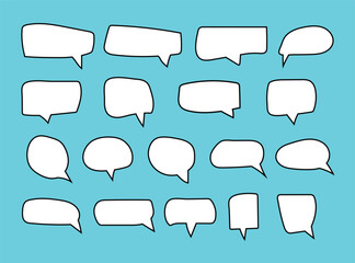 Obraz premium Set of speak bubble text, chatting box, message box outline cartoon vector illustration design. Balloon doodle style of thinking sign symbol. 