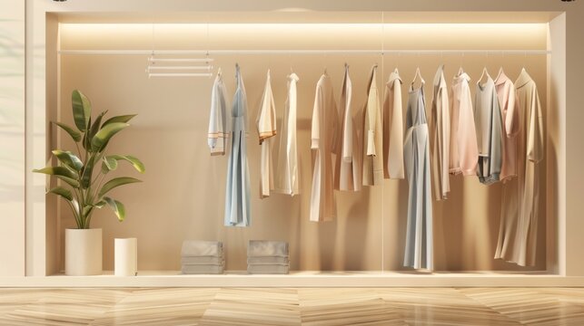Soft sunlight highlights beautifully arranged clothing in a boutique, creating an inviting atmosphere filled with chic fashion and warm hues