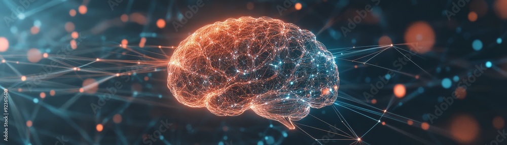 Poster a futuristic digital representation of the human brain surrounded by neural connections and networks