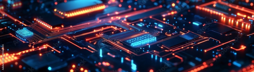 Poster a vibrant close-up of a circuit board with glowing electronic components, illustrating advanced tech