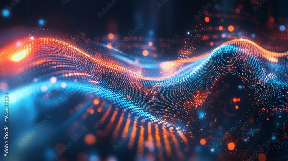 Poster a striking representation of data flow with vibrant colors and glowing particles, depicting a futuri