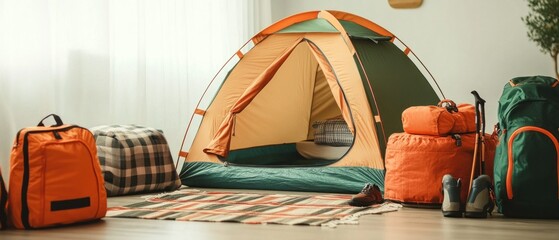 Camping Tent Setup Indoors with Backpacks and Hiking Gear