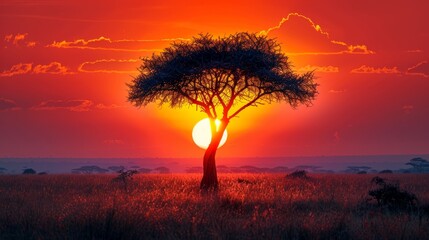 Majestic sunset behind an acacia tree in the African savanna