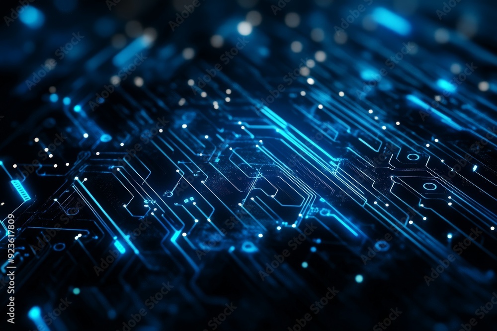 Poster abstract circuit board with glowing blue lines and lights representing technology, data, and network
