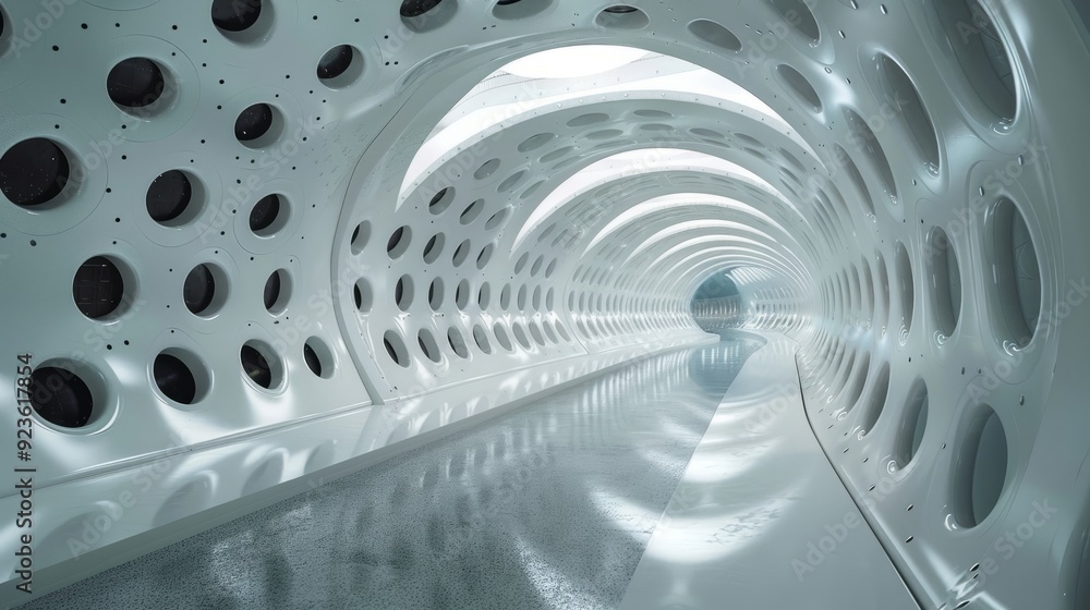 Poster futuristic white hallway with circular patterns in a minimalist design at midday