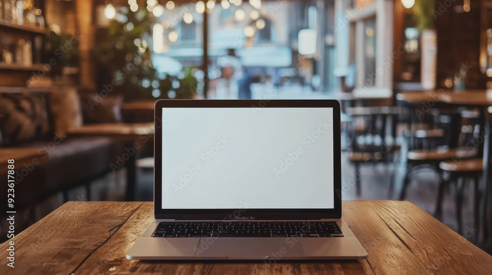 Poster blank screen laptop on a wooden table with a coffee shop backdrop, perfect for customizing with your