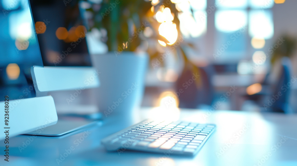 Wall mural blurred office background with a white computer keyboard in the background, modern and professional 