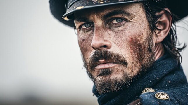 Civil War reenactor in historical uniform during a reenactment event at a battlefield