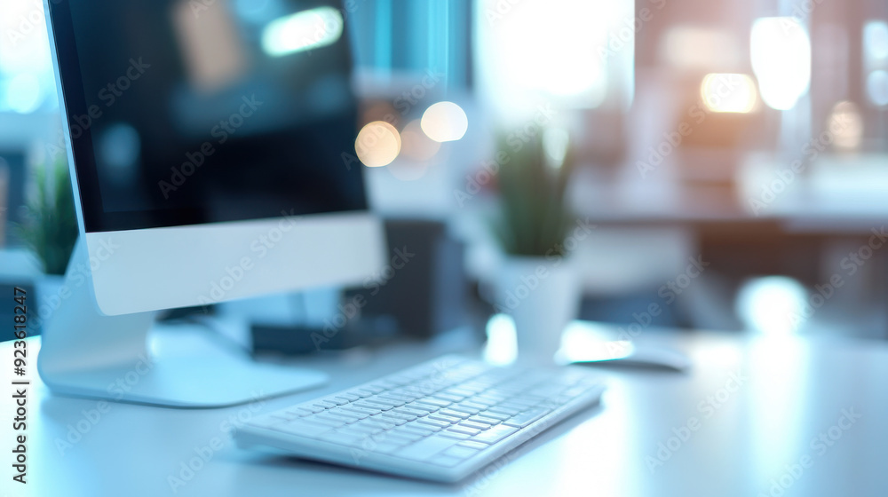 Poster blurred office background with a white computer keyboard in the background, modern and professional 