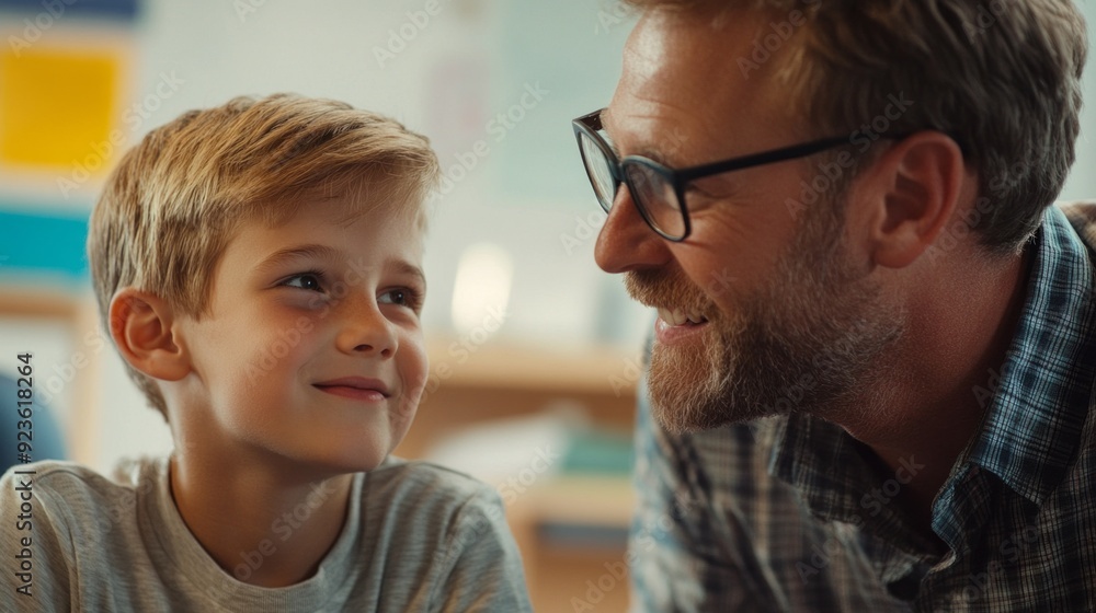 Poster The teacher smiles warmly at the boy, fostering a nurturing learning environment filled with enthusiasm and connection