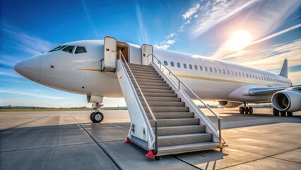 Passenger boarding stairs leading to entrance of big jet plane , travel, boarding, stairs, aircraft, aviation