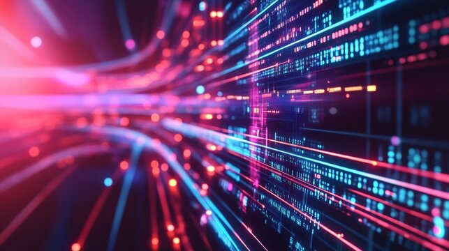 Abstract digital background with glowing data streams and binary code particles. Perfect for technology and futuristic concepts.