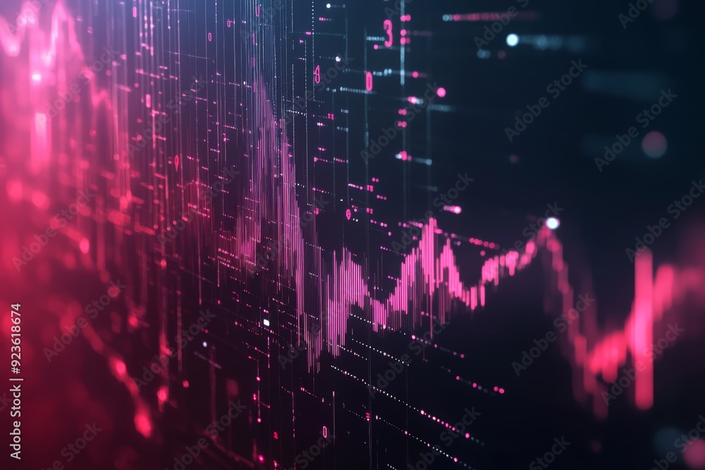 Poster abstract digital graph in pink hues representing fluctuating data trends and analytics in a futurist