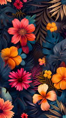 Seamless pattern with flowers, leaves, and abstract colors for a vintage wallpaper or nature-inspired design.