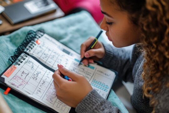A student reviewing their class schedule and making notes in a planner, getting organized and ready for a successful semester