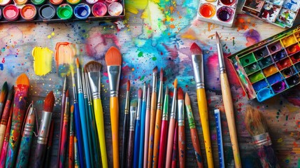 Naklejka premium Brushes and watercolor school supplies top view