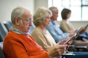 Seniors in a classroom setting, each holding a tablet and learning to download and use new applications