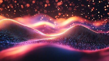Abstract digital landscape with colorful waves and glowing particles, perfect for futuristic or technology-themed concepts.