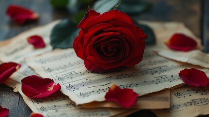 A red rose placed on vintage sheet music with scattered petals in a cozy indoor setting