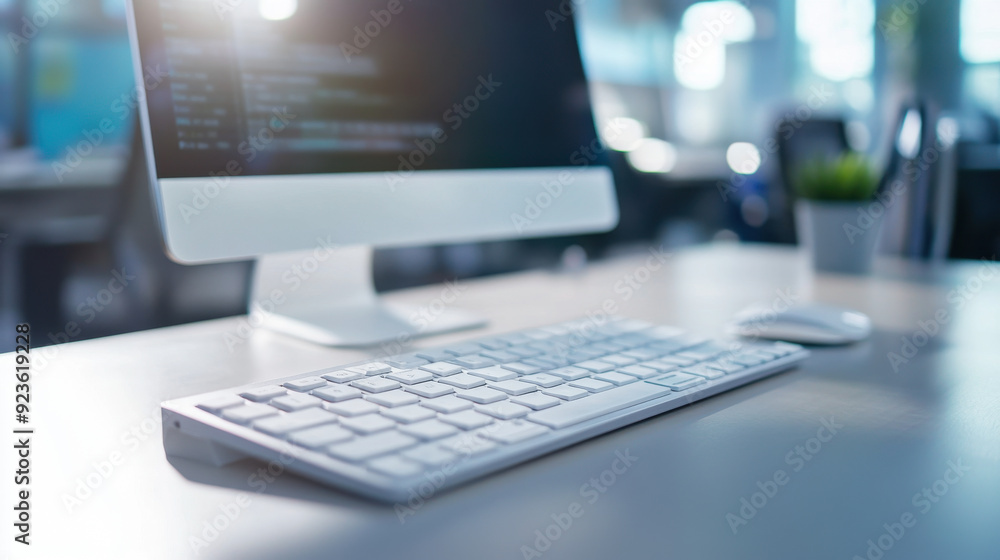 Poster blurred office scenery with a white computer keyboard, creating a modern and professional work atmos