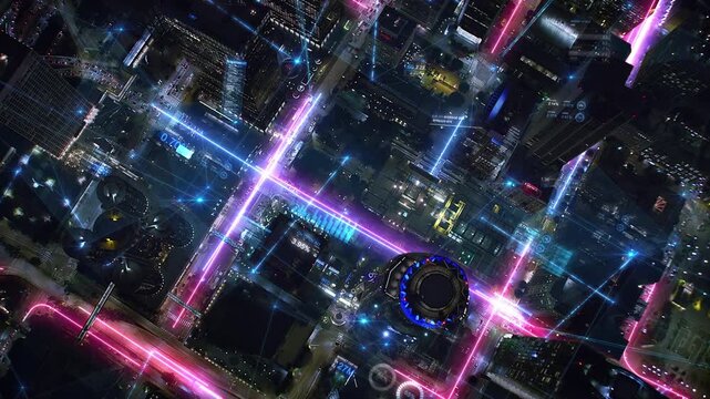 
Aerial View Of Los Angeles At Night, Showing Financial Connections And Economic Charts Over the City. Data And Network Connections Illuminate The City In An Overhead Panorama. Holographic Graphs, AR.