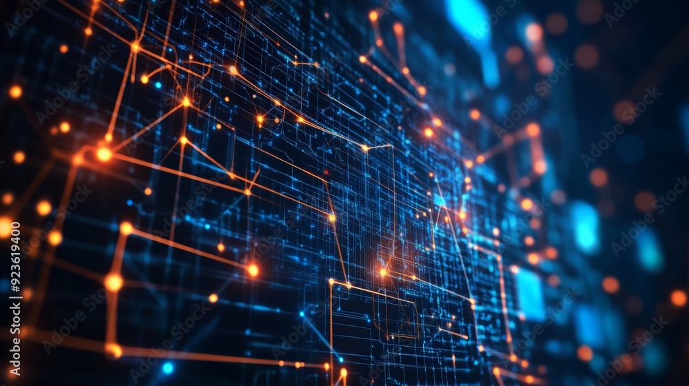 Poster abstract digital network background with glowing nodes and connections in blue and orange. futuristi