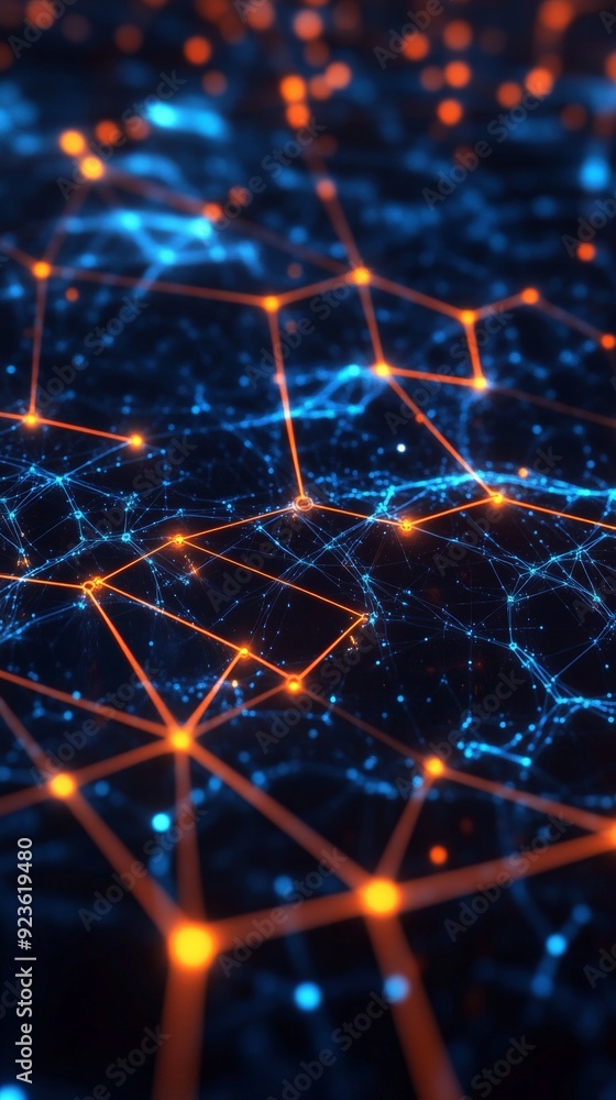 Poster abstract digital network background with glowing orange and blue nodes interconnected. futuristic te
