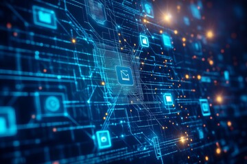 Abstract digital network communication concept with various icons and blue lines highlighting data exchange and connectivity.