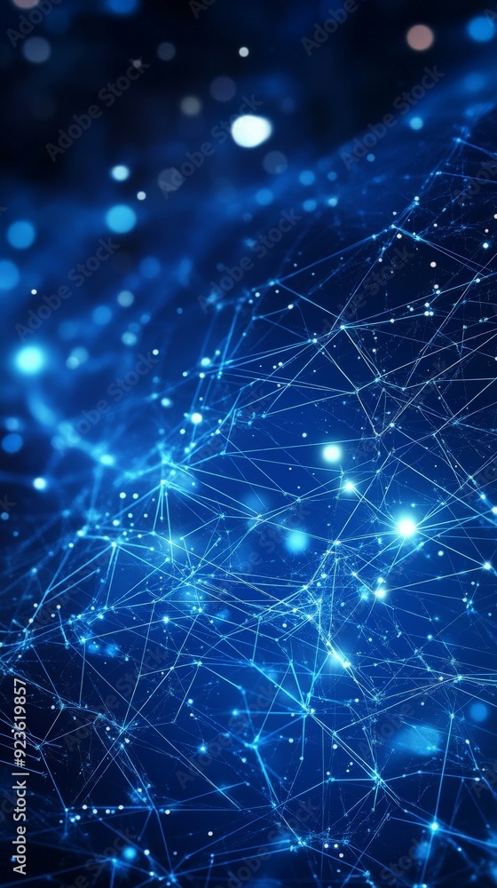 Poster abstract digital network visualization with blue glowing connections and lights. futuristic technolo