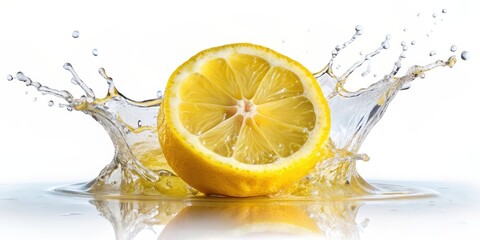 Vibrant lemon splash on a white background, lemon, citrus, yellow, fruit, refreshing, water, droplets, isolated, fresh