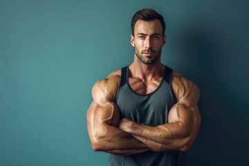 Muscular man exuding strength and mental clarity, standing against a solid color backdrop, ideal for promoting gym services that emphasize holistic fitness