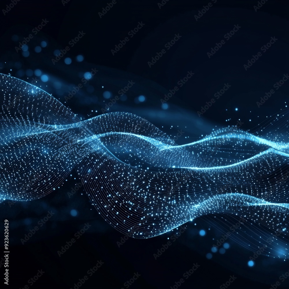 Poster abstract digital wave of connecting particles. futuristic technology background with glowing blue li