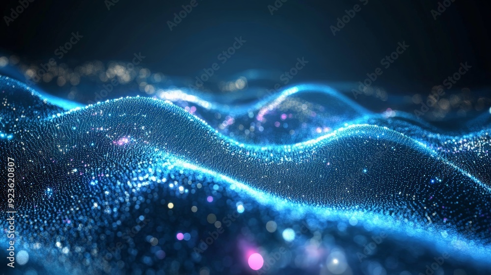 Poster abstract digital wave of particles. futuristic glittering background. technology concept with neon l