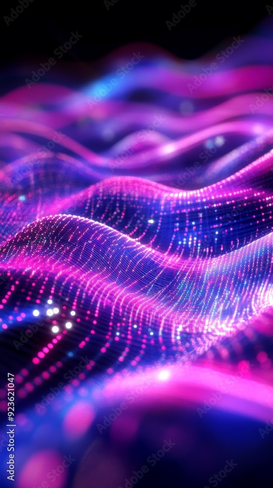 Poster abstract digital wave pattern with vibrant neon colors, showcasing pixels and light effects, perfect