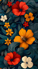 Seamless pattern with flowers, leaves, and abstract colors for a vintage wallpaper or nature-inspired design.