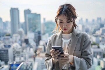 Fototapeta premium Businesswoman making payment on smartphone, professional working on the go, cityscape setting