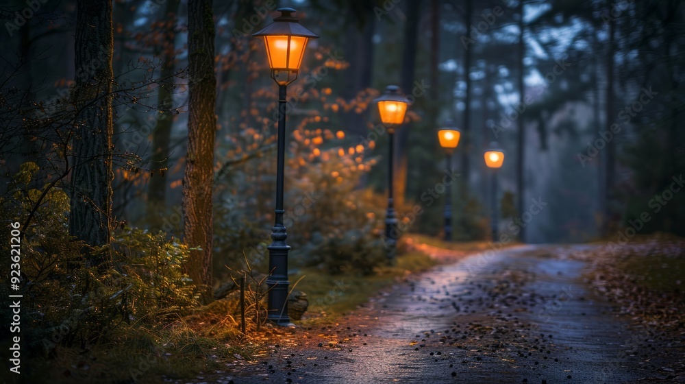 Poster serene evening walk on a forest path illuminated by lanterns in autumn