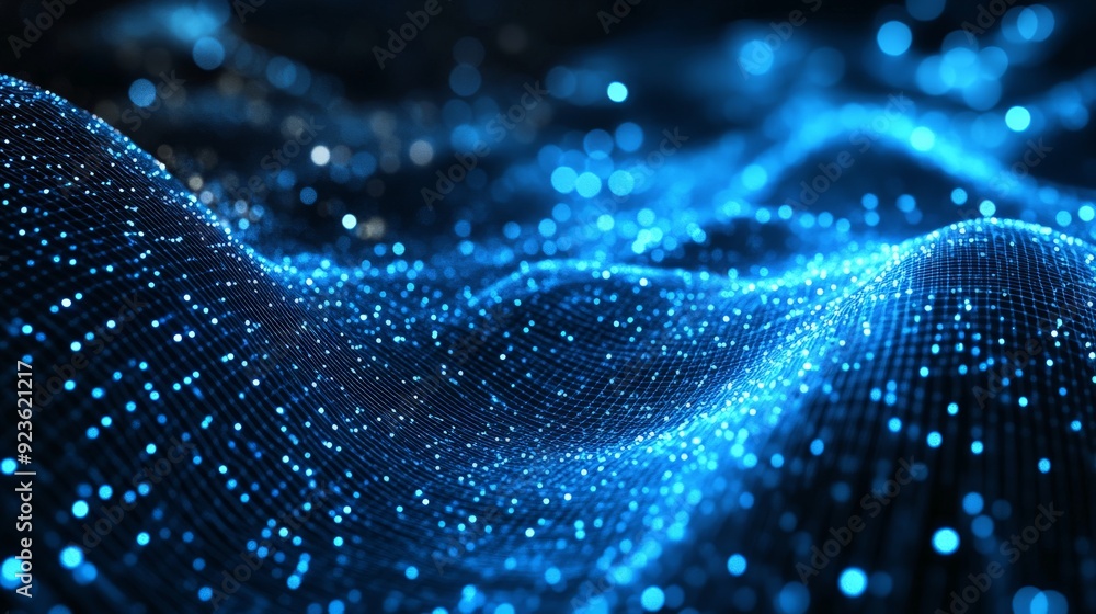 Poster abstract digital wave with glowing blue particles, representing technology, data, and futuristic con