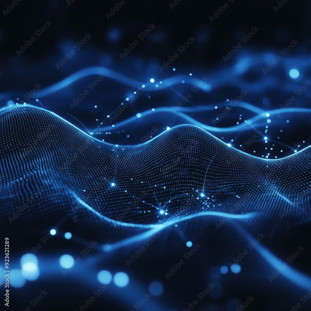 Poster abstract digital wave with glowing particles on a dark background, representing data flow, technolog