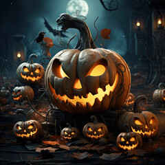 Funny Halloween pumpkins with white ghosts and black bats Matte painting ， 8K image quality, exquisite CG, and meticulous detail depiction ， Nostalgic colors ， Studio lighting ， Fisheye lens lens ， ab