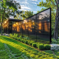 Obraz premium Solar Serenity. A modern home nestled in nature, bathed in the golden glow of solar panels.