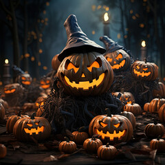 Funny Halloween pumpkins with white ghosts and black bats Matte painting ， 8K image quality, exquisite CG, and meticulous detail depiction ， Nostalgic colors ， Studio lighting ， Fisheye lens lens ， ab